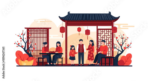 Illustration of a happy Chinese family celebrating Spring Festival Holiday together outside a traditional Chinese gate with red lanterns and decorations.