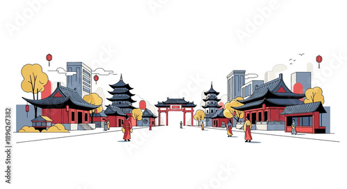 Illustration of a traditional Chinese cityscape during the Spring Festival, featuring people, lanterns, and buildings with a vibrant, celebratory atmosphere.