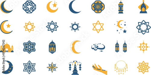 vector illustration set of Ramadan themed elements like mosque, moon, stars. Islamic arts