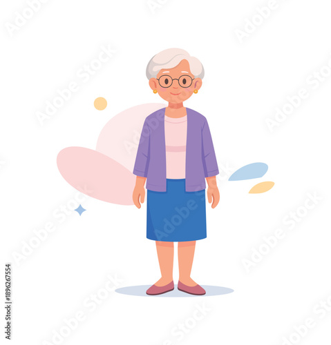 Smiling elderly woman in casual outfit, flat vector illustration