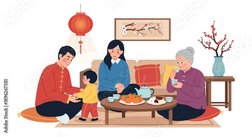 Illustration of a Chinese family celebrating Spring Festival or Lunar New Year holiday together with traditional decorations and a festive dinner at home.