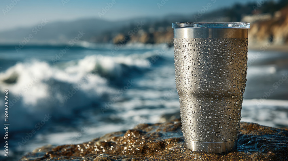 Fototapeta premium Stainless Steel Tumbler on Beach with Ocean Waves Backdrop.
