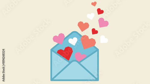 A light blue envelope with many colorful hearts flying out, symbolizing love and affection.
