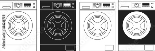 Front loading washing machine icon set showing modern household laundry appliances in black and white vector style illustration