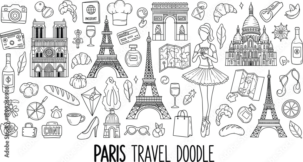 Fototapeta premium Hand drawn Paris travel doodle collection featuring Eiffel Tower landmarks fashion food culture icons black and white line art illustration set