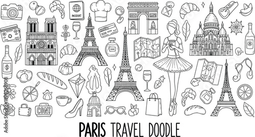 Hand drawn Paris travel doodle collection featuring Eiffel Tower landmarks fashion food culture icons black and white line art illustration set