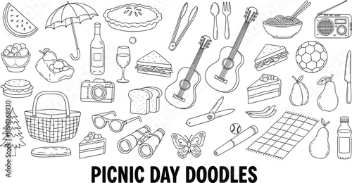 Hand drawn picnic day doodle collection with food music outdoor leisure items black and white line art illustration set for summer recreation