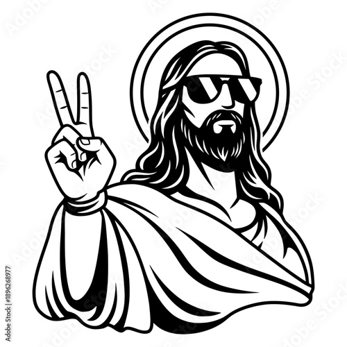 Obraz na plátně Cool Jesus Christ Holding Peace Sign Vector Illustration - Modern Religious Savi