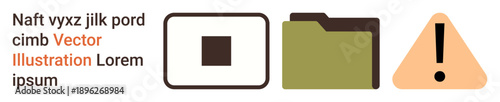 File organization, digital management, caution signs, visual markers, documentation alerts, graphic design elements. A folder icon, a warning sign and a square symbol. File organization and caution