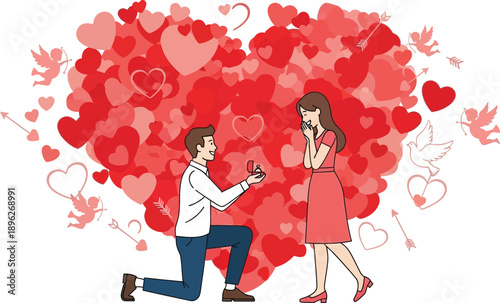 Man Proposing to Woman with Engagement Ring and Hearts