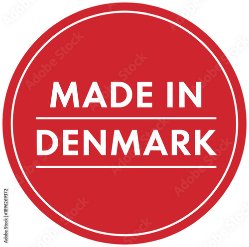 Made in Denmark red circular badge with white text for product origin labeling, branding, packaging, and quality assurance