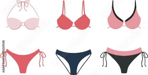 Colorful bikini bottom collection set pink red blue black swimwear panties with tie strings isolated on white background. Women's summer beach fashion underwear vector illustration
