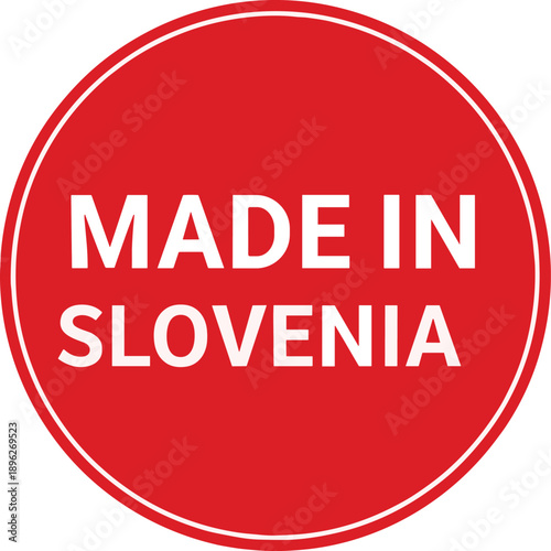 Made in Slovenia red circular badge with white text for product origin label, branding, packaging, and quality assurance