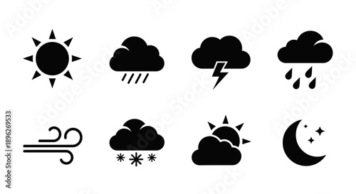 Clean black weather symbol set for environmental and climate reports.