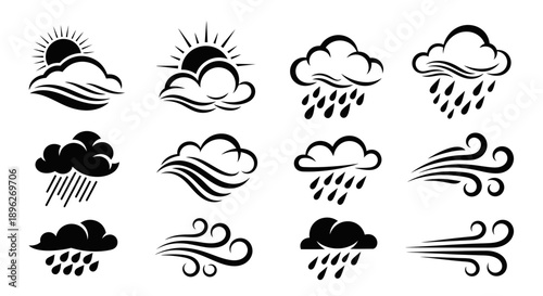 Artistic Hand Drawn Style Weather Icons Featuring Wind and Rain.