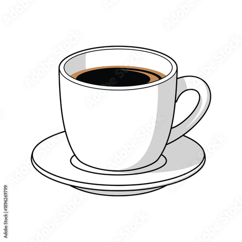 Illustration of a full coffee cup on a saucer against a clean white background