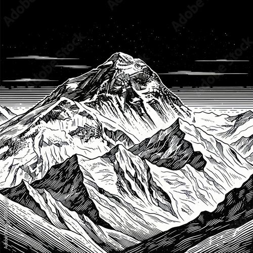 Majestic Snow-Capped Mountain Peak Under Starry Night Sky, Epic Landscape Illustration