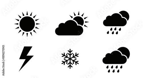 Minimalist black weather icons set featuring sun cloud and rain.