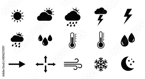 Comprehensive weather forecast symbols with thermometer and wind direction arrows.