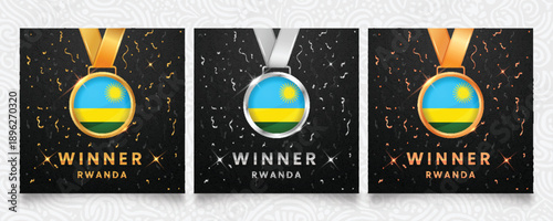 Celebrate Rwandan victory with this premium set of gold, silver, and bronze medals featuring the national flag, displayed on a dark background with festive confetti and sparkling highlights