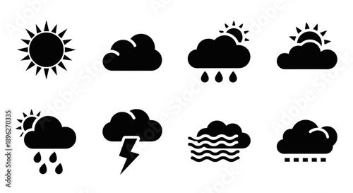 Bold weather symbol collection with lightning storm and heavy rain.