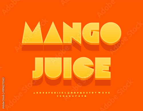 Vector Creative emblem Mango Juice. Big Geometric Orange Font. Unique Abstract style 3D Alphabet Letters and Numbers set
