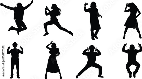 Dynamic human motion silhouettes, expressive poses, dance and jump icons, black vector figures, body gesture, movement study, graphic design elements