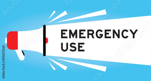 Color megaphone icon with word emergency use in white banner on blue background