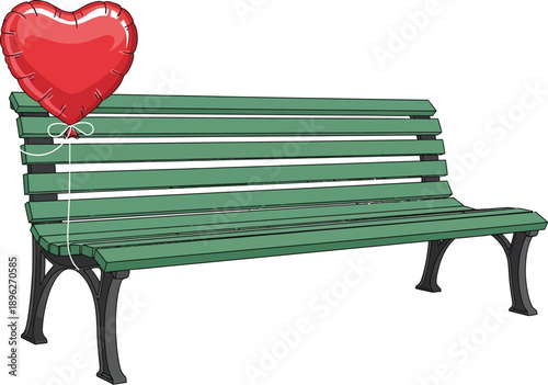 A solitary green park bench waits patiently with a bright red heart shaped foil balloon tied to its side