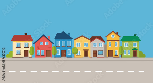 Colorful row of modern houses in suburban neighborhood