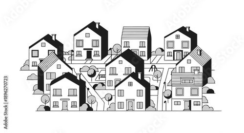 Modern neighborhood with houses and trees in black and white