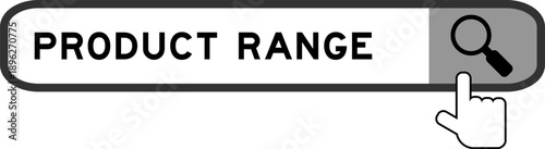 Search banner in word product range with hand over magnifier icon on white background