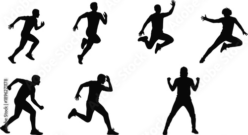 Running and jumping silhouettes, athletic motion icons, black vector people, fitness activity, sports movement, dynamic pose, human action, exercise graphic