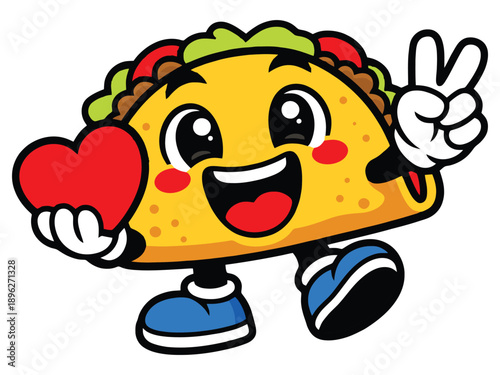 Cute happy taco mascot holding a red heart and making a peace sign, cheerful cartoon character, colorful vector illustration, isolated on white.