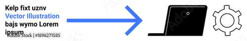 Blue arrow connecting text, laptop silhouette, and gear icon symbolizing information flow, workflow automation, and technology integration. Ideal for business, tech solutions, workflow, data