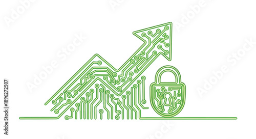 Green circuit board arrow pointing up, symbolizing digital growth and technological advancement, alongside a secure padlock for data protection.