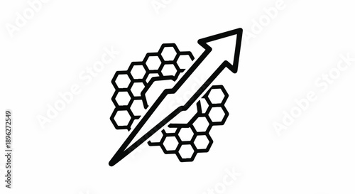 Abstract icon representing technological growth, data analysis, and progress. Hexagonal network with an upward trend arrow symbolizes innovation, efficiency, and future development in a digital
