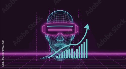 Futuristic neon wireframe head with VR headset and growing digital data graph, symbolizing metaverse technology and business growth.