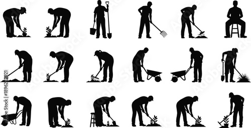 Gardening and farming worker silhouette set showing planting, digging, raking, watering, and wheelbarrow activities, agriculture labor poses isolated on white background