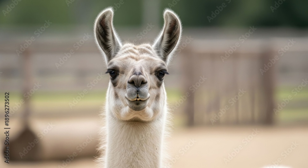 Fototapeta premium Close-up of a llama looking directly at the camera with a blurred background