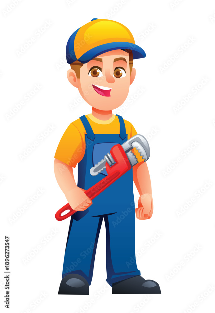 Fototapeta premium Young plumber boy in blue overalls holding a large red pipe wrench. Vector cartoon character illustration