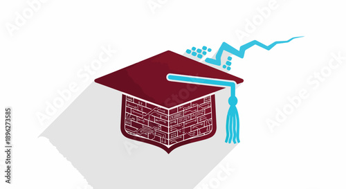 Graduation cap with brick wall base and upward trending graph, symbolizing strong educational foundation, academic growth, and and future success. Flat design icon.