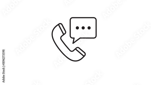 Phone communication icon with speech bubble and handset outline in black line art style, representing conversation, messaging, telecommunication, call, mobile device, communication technology, dialogu