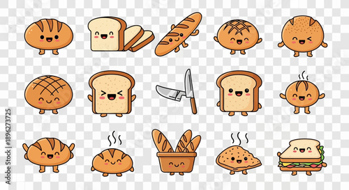 Assorted Cartoon Bread Characters with Facial Expressions.