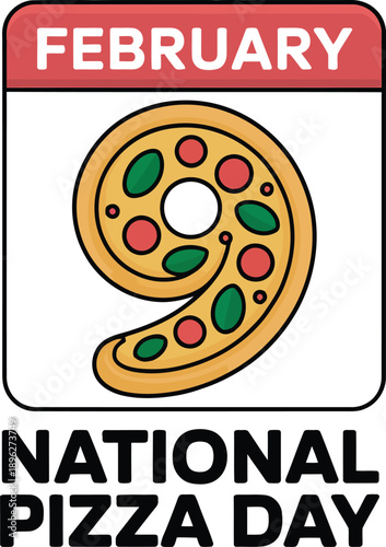 National pizza day celebration concept illustration showing a calendar for february 9th. isolated on white background