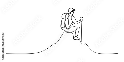 Hiker climbing on a mountain peak in continuous single line art drawing