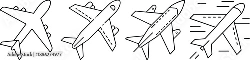 Four airplanes in different flight positions with motion lines