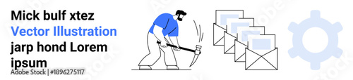 Productivity, manual labor, workflow, email processing, industrial work, business efficiency. A person hammering near a stack of envelopes with a gear icon. Manual labor and workflow concepts