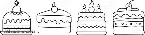 Four black and white cakes with candles on top for birthday celebrations