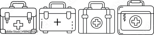 Four different views of a first aid kit with a cross symbol